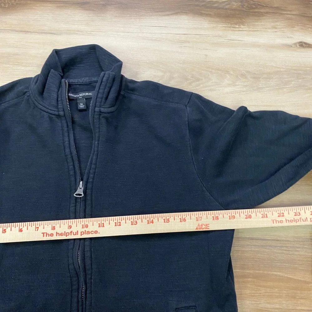 Banana Republic Zip Up Cardigan Size M Mock Neck Slub Knit Cotton Black Sweater